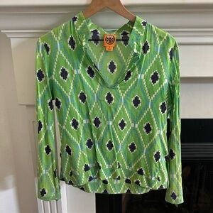 Tory Burch Green Navy Geometic Long Sleeve Top Size 8